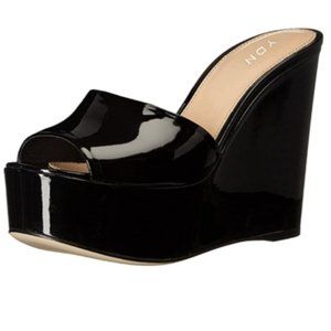 YDN Black High Heel Peep Toe Platform Wedge Mules